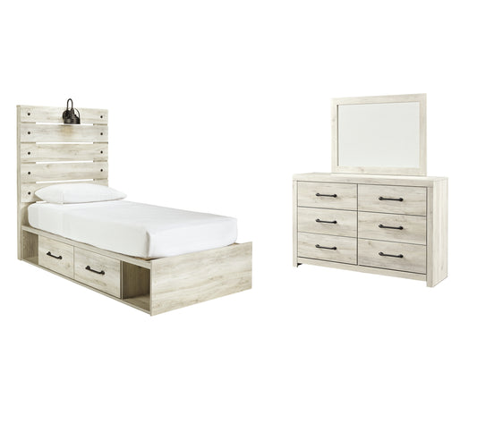 Cambeck Panel Bed With 4 Storage Drawers With Mirrored Dresser