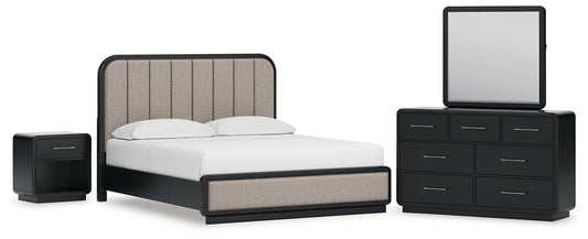 Rowanbeck California Upholstered Panel Bed With Mirrored Dresser And Nightstand