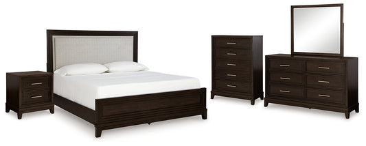 Neymorton Upholstered Panel Bed With Mirrored Dresser, Chest And Nightstand
