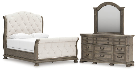 Ardenfield Upholstered Sleigh Bed, Dresser And Mirror