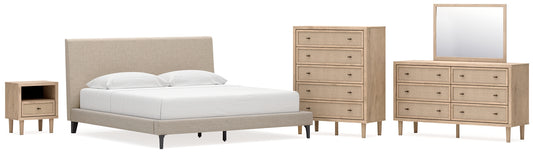 Cielden Upholstered Bed With Roll Slats, Dresser, Mirror, Chest And Nightstand