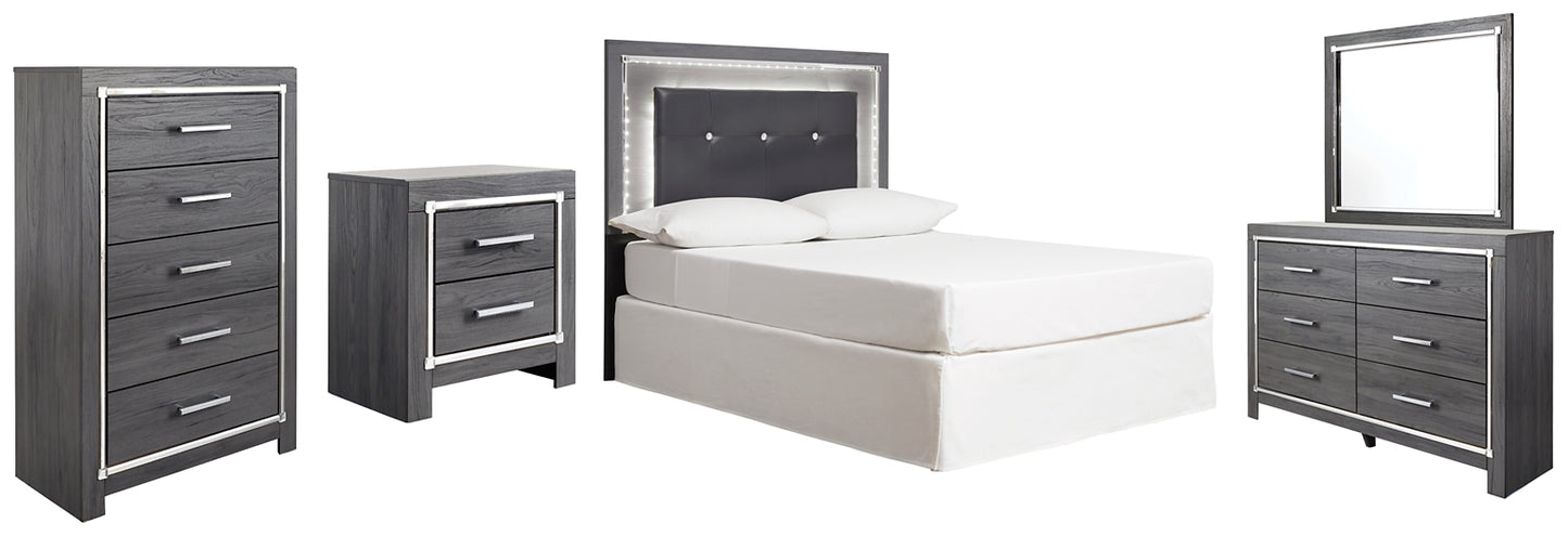 Lodanna  Upholstered Panel Headboard Bed With Mirrored Dresser, Chest And Nightstand