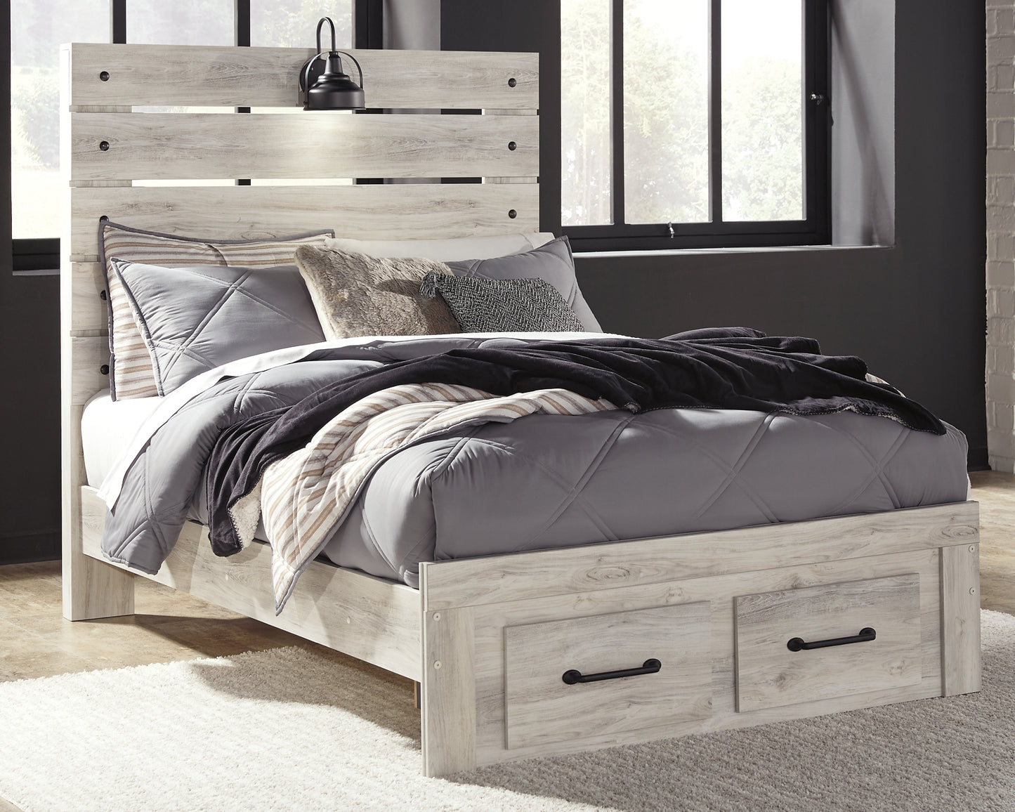 Cambeck  Panel Bed With 2 Storage Drawers With Mirrored Dresser