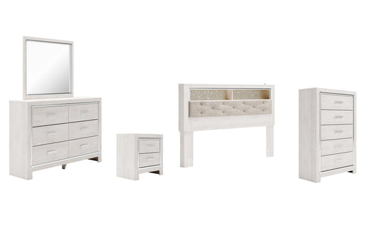 Altyra  Bookcase Headboard Bed With Mirrored Dresser, Chest And Nightstand