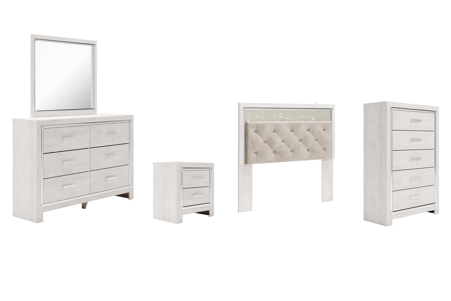 Altyra  Panel Headboard Bed With Mirrored Dresser, Chest And Nightstand