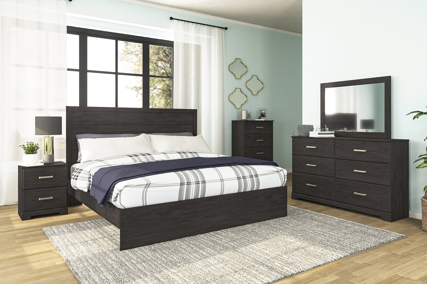 Belachime  Panel Bed With Mirrored Dresser, Chest And Nightstand