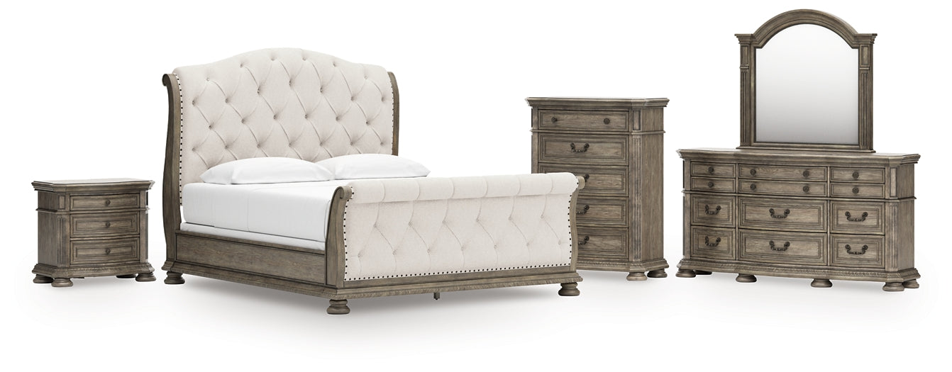 Ardenfield California  Upholstered Sleigh Bed With Mirrored Dresser, Chest And Nightstand