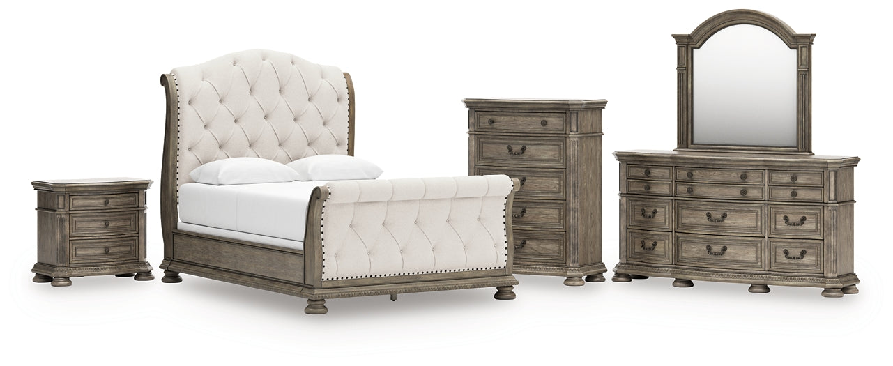 Ardenfield  Upholstered Sleigh Bed, Dresser, Mirror, Chest And Nightstand