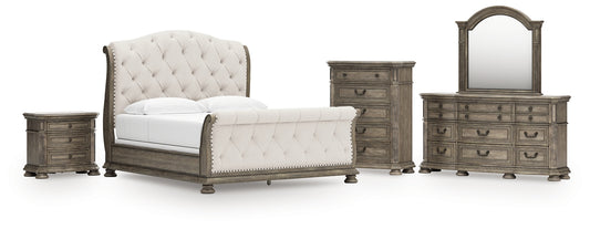 Ardenfield  Upholstered Sleigh Bed, Dresser, Mirror, Chest And Nightstand