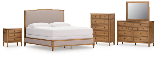 Sharlance California  Upholstered Panel Bed With Mirrored Dresser, Chest And Nightstand