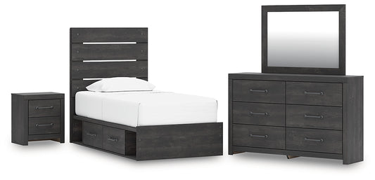 Hollivern  Panel Storage Bed, Dresser, Mirror And Nightstand