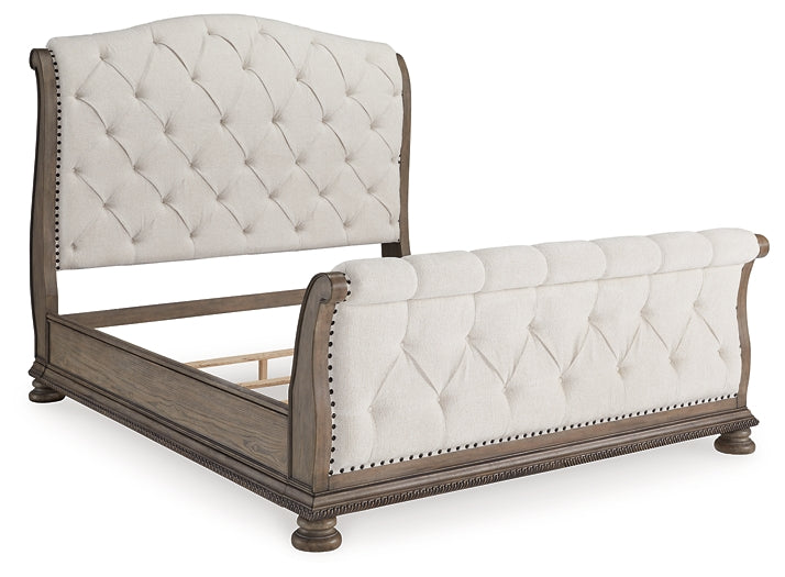 Ardenfield California  Upholstered Sleigh Bed With Mirrored Dresser