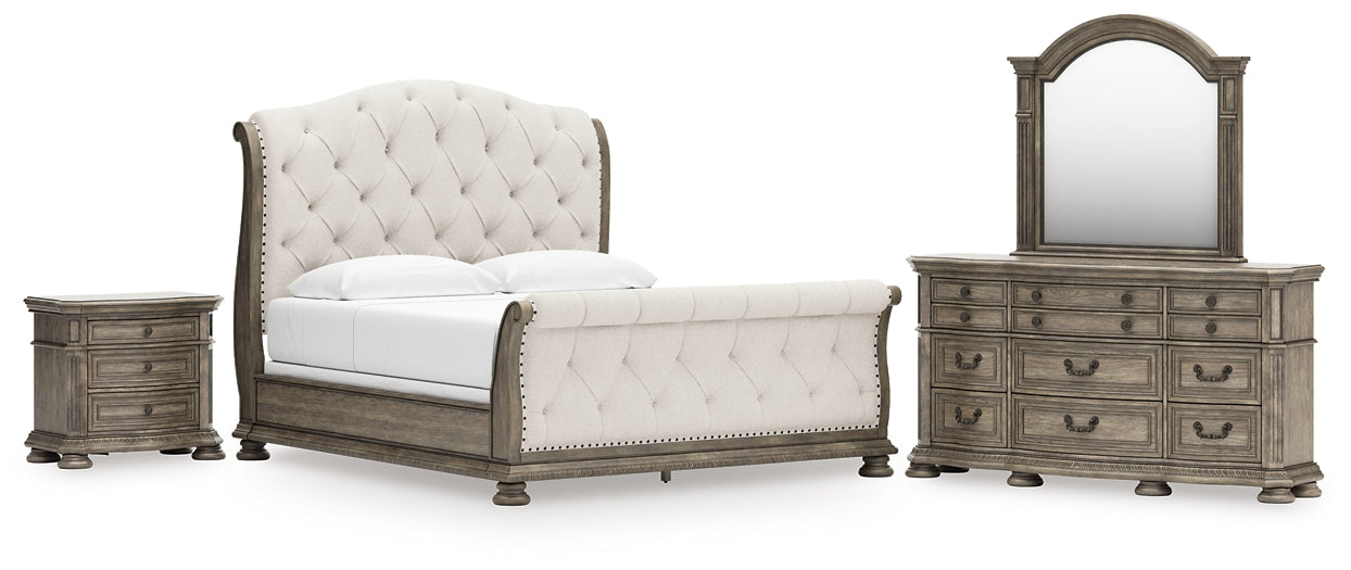 Ardenfield  Upholstered Sleigh Bed With Mirrored Dresser And Nightstand