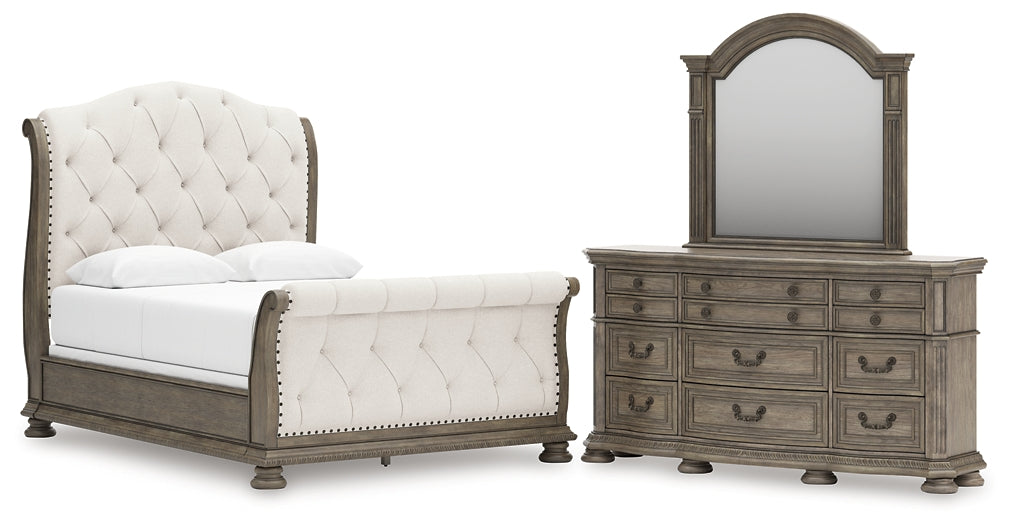 Ardenfield  Upholstered Sleigh Bed With Mirrored Dresser