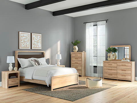 Kinlanni  Upholstered Panel Bed, Dresser And Mirror
