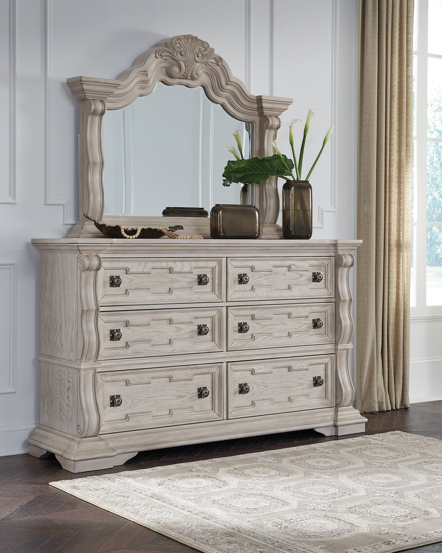 Bruchandi California  Upholstered Panel Bed With Mirrored Dresser And Nightstand