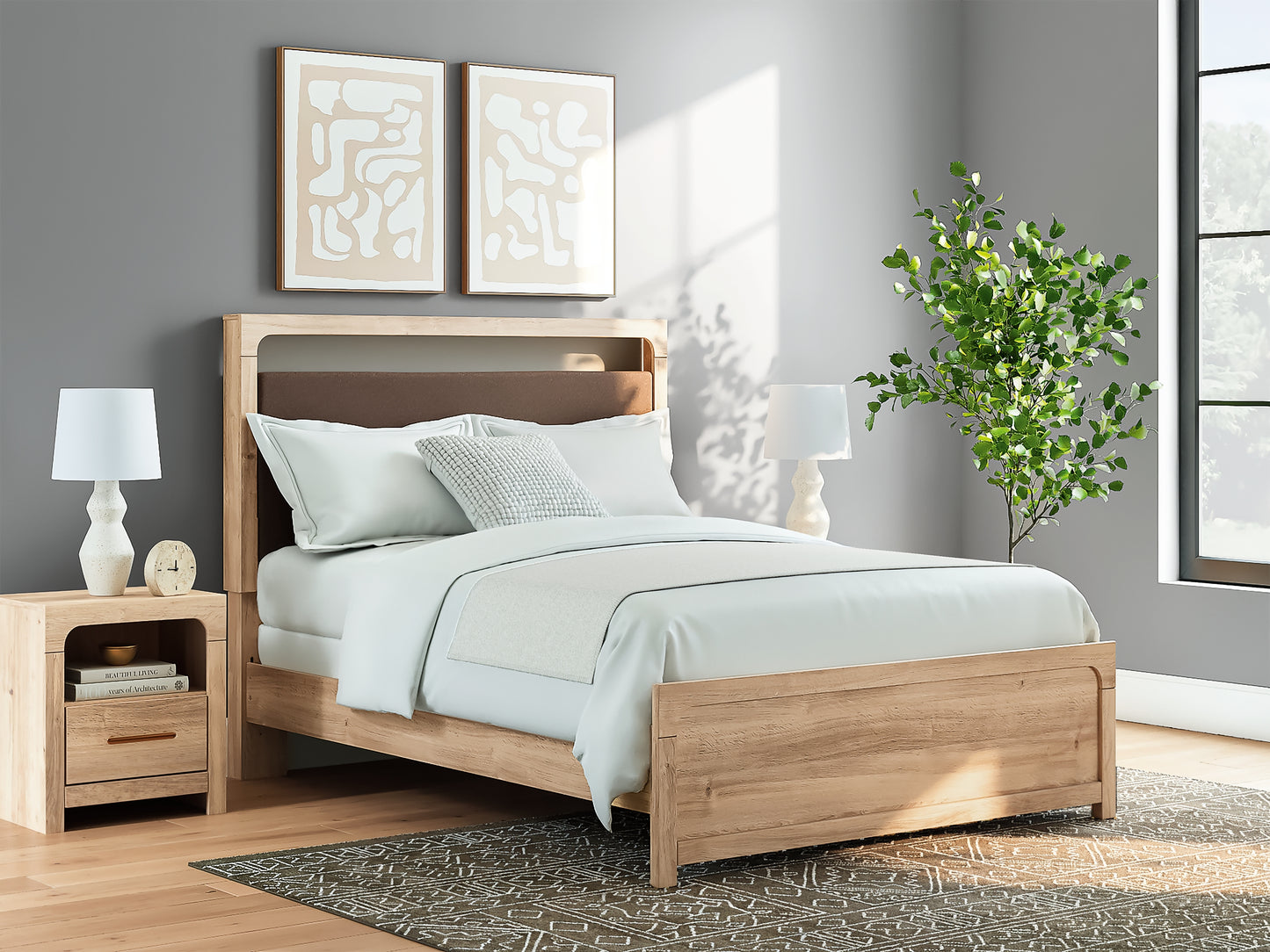 Kinlanni  Upholstered Panel Bed, Dresser, Mirror And Nightstand