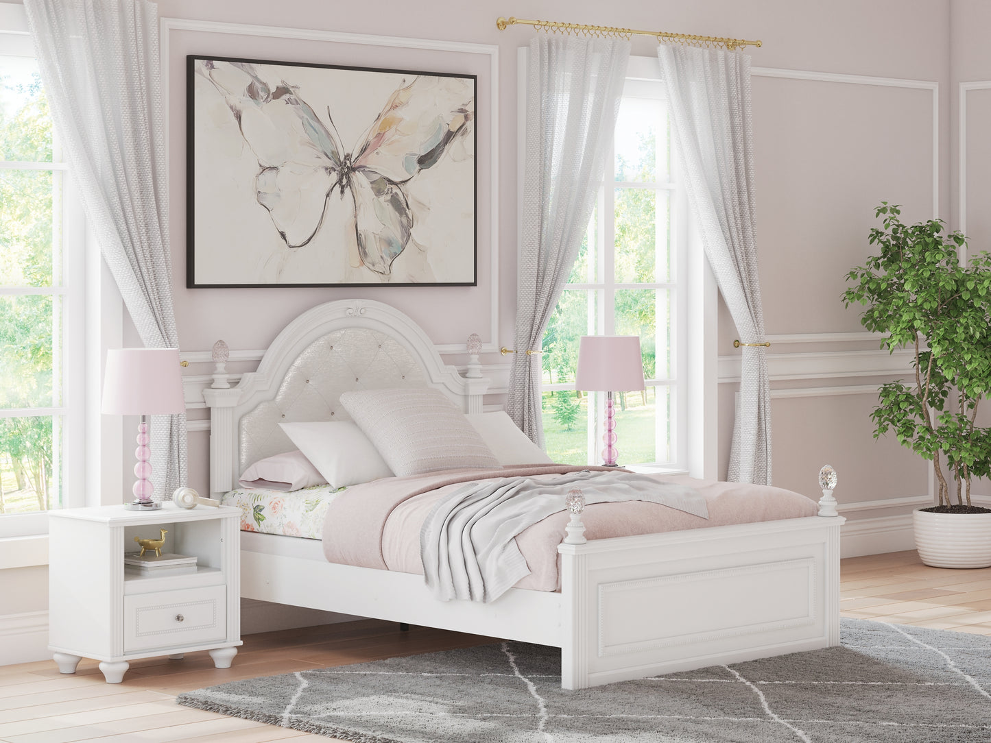 Kozlani  Upholstered Panel Bed, Dresser And Mirror