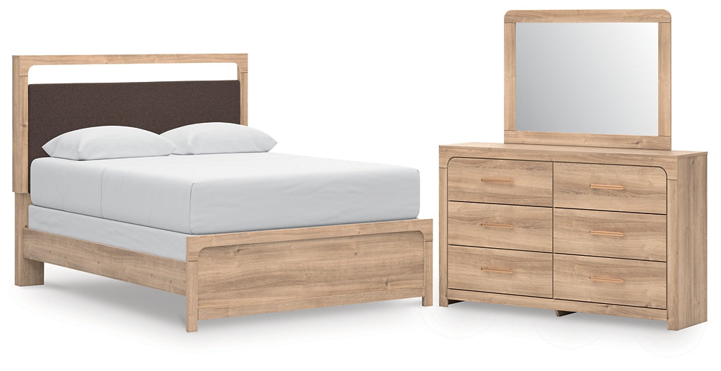 Kinlanni  Upholstered Panel Bed, Dresser And Mirror
