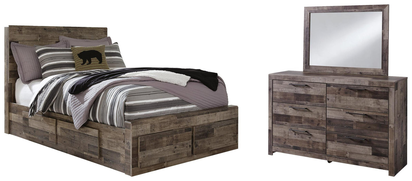 Cama con paneles Derekson con 6 cajones de almacenamiento y cómoda con espejo