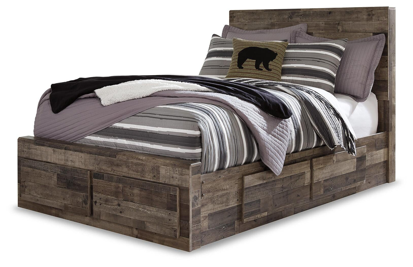 Cama con paneles Derekson con 6 cajones de almacenamiento y cómoda con espejo