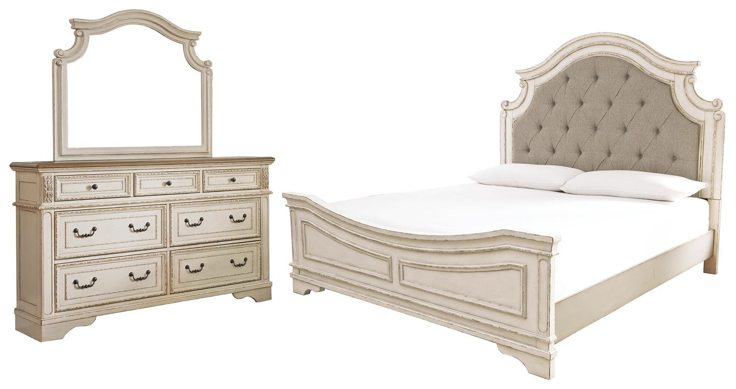 Cama tapizada con paneles y cómoda con espejo Realyn