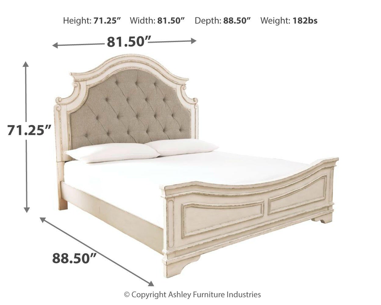 Cama tapizada con paneles y cómoda con espejo Realyn