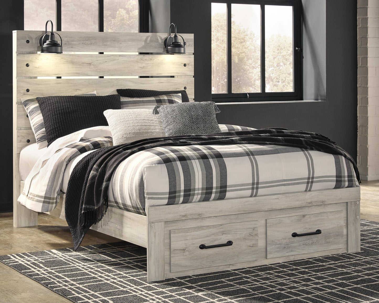 Cama de panel Cambeck con 2 cajones de almacenamiento y cómoda con espejo