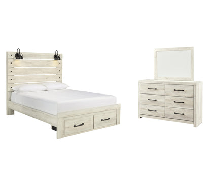 Cama de panel Cambeck con 2 cajones de almacenamiento y cómoda con espejo