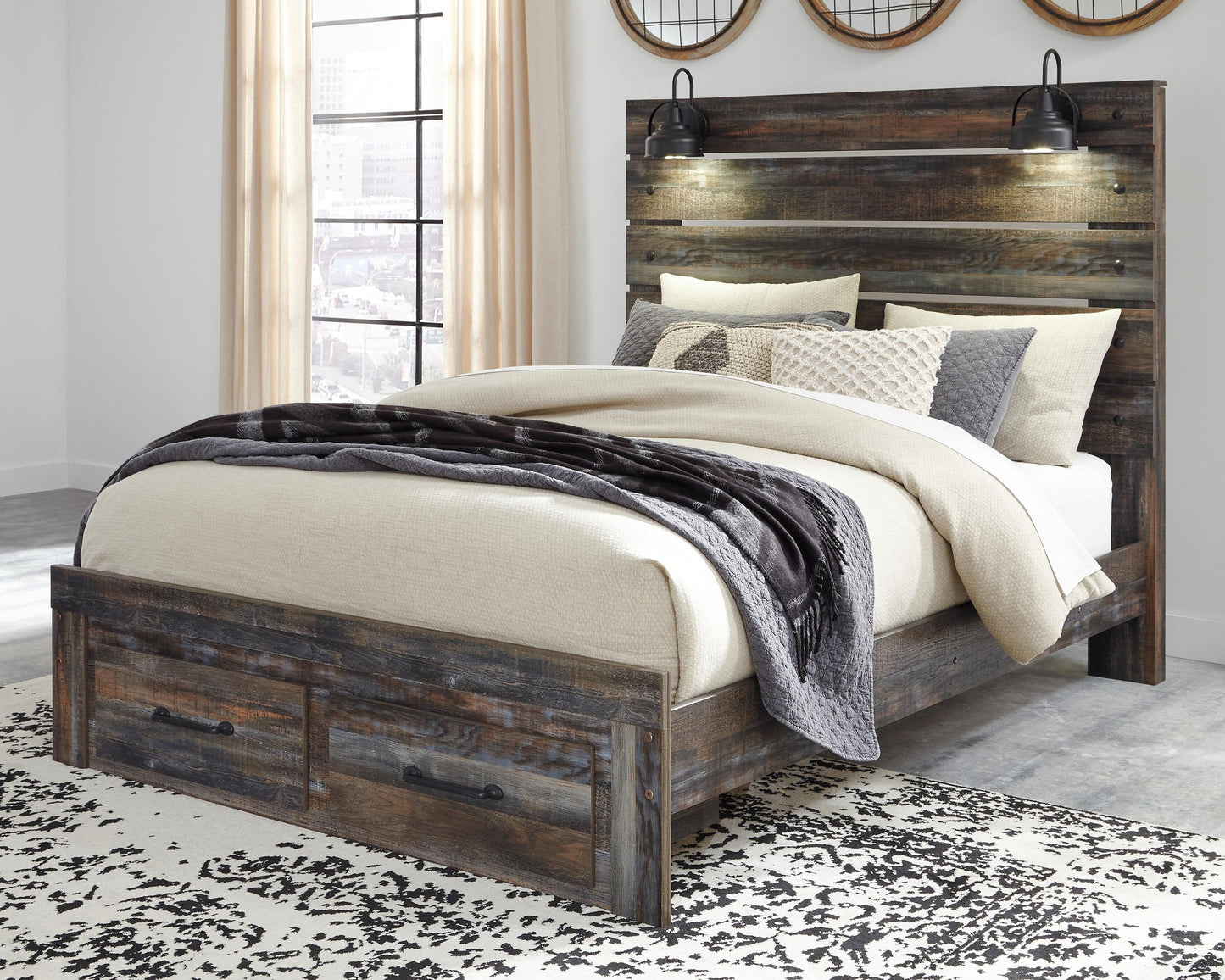 Drystan  Panel Bed With 2 Storage Drawers With Mirrored Dresser