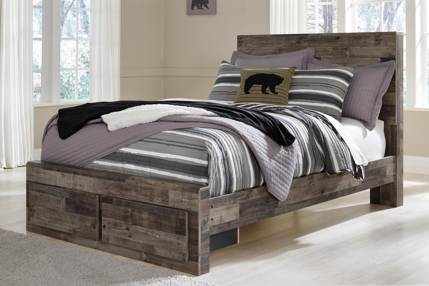 Derekson  Panel Bed With 2 Storage Drawers With Mirrored Dresser