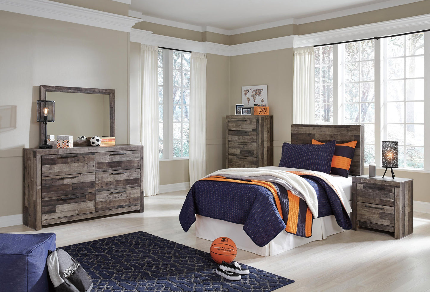 Derekson  Panel Headboard Bed With Mirrored Dresser, Chest And Nightstand