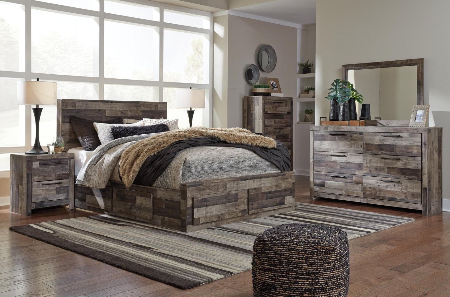 Derekson  Panel Bed With 6 Storage Drawers With Mirrored Dresser, Chest And Nightstand