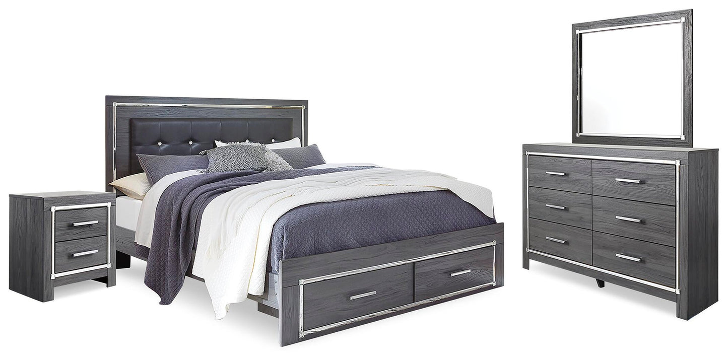 Cama con panel Lodanna con tocador con espejo y mesita de noche