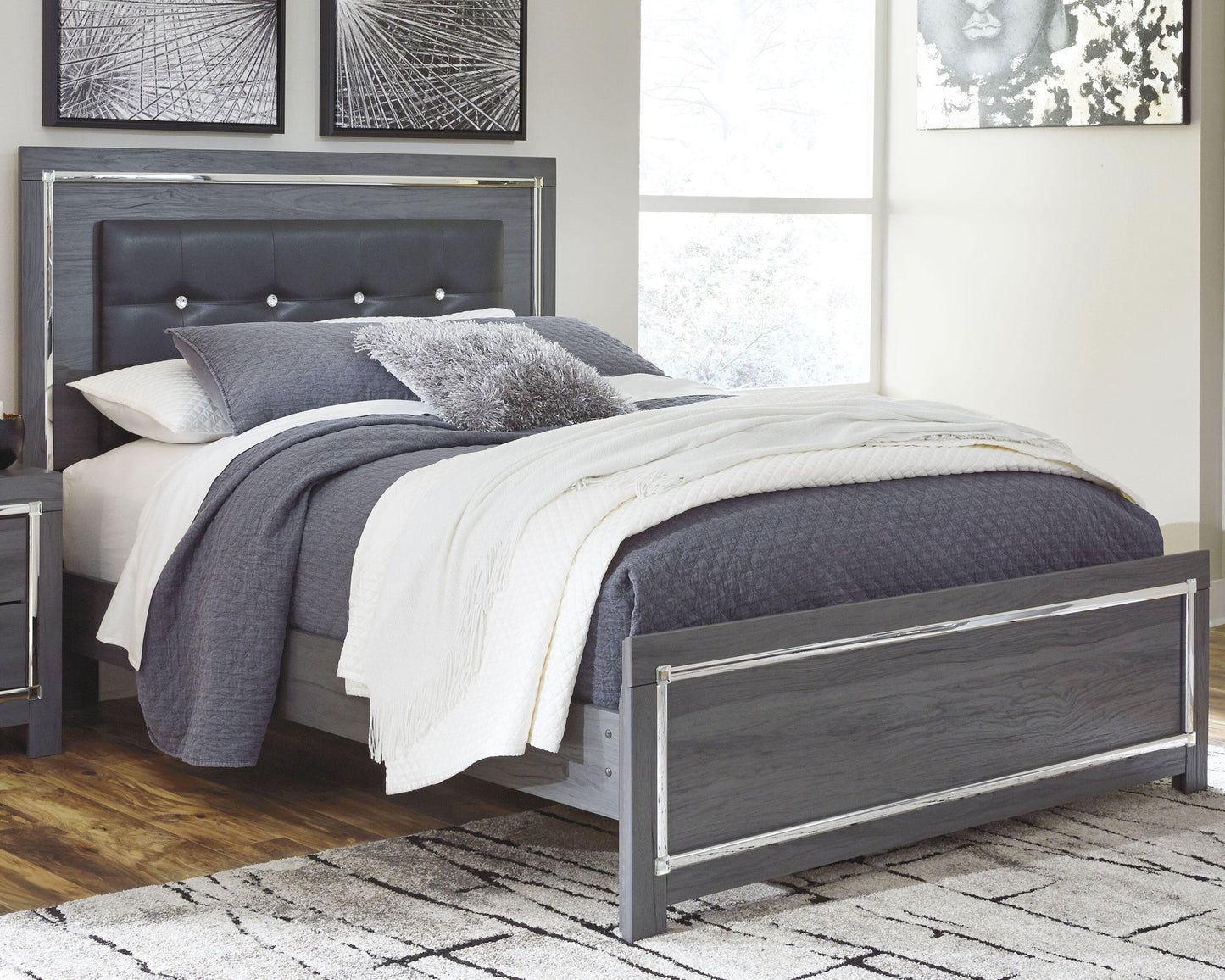 Cama con panel Lodanna con tocador con espejo y mesita de noche