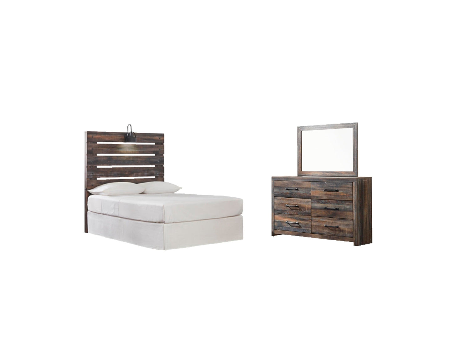 Cama Drystan con cabecera de panel y cómoda con espejo