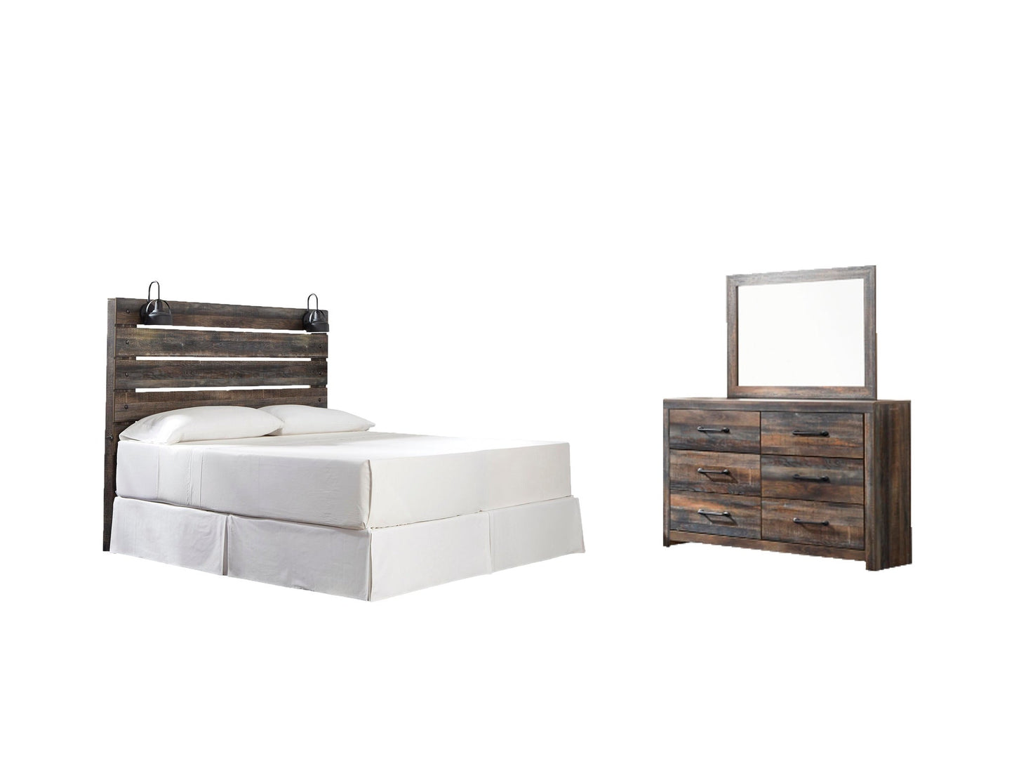 Cama Drystan con cabecera de panel y cómoda con espejo