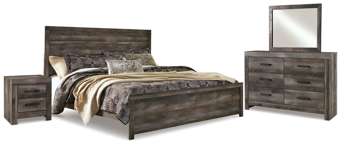 Cama Wynnlow con panel y cómoda con espejo y mesita de noche