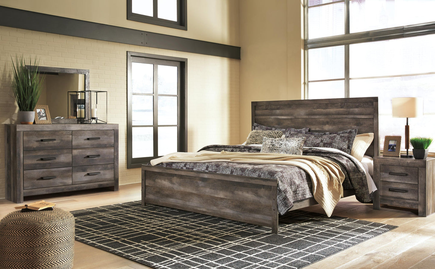 Cama Wynnlow con panel y cómoda con espejo y mesita de noche