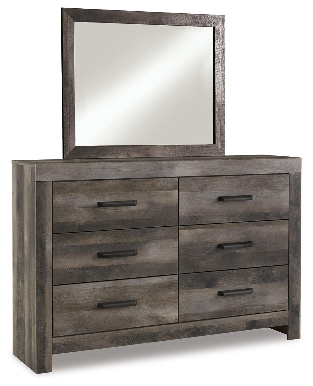 Cama Wynnlow con panel y cómoda con espejo y mesita de noche