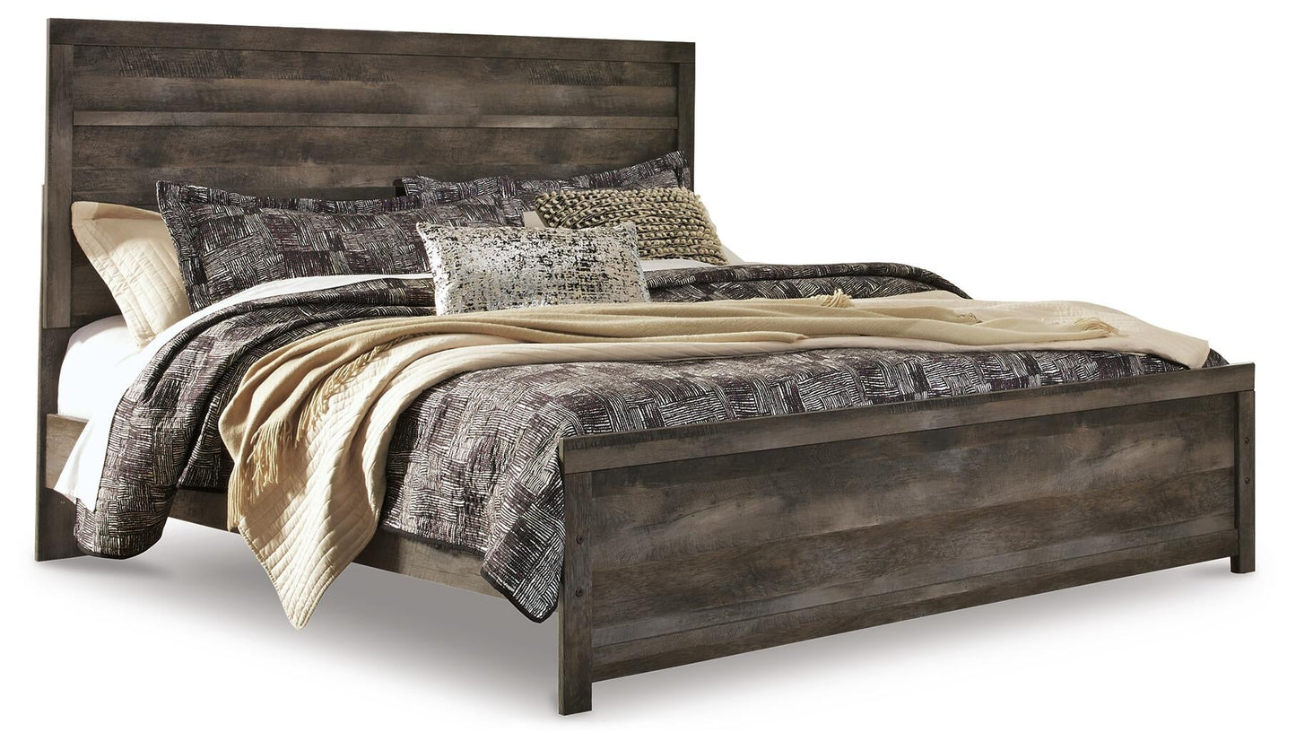 Cama Wynnlow con panel y cómoda con espejo y mesita de noche