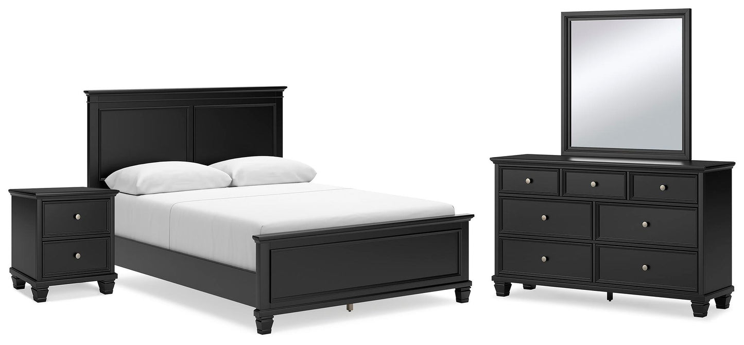Cama con paneles Lanolee con tocador con espejo y mesita de noche