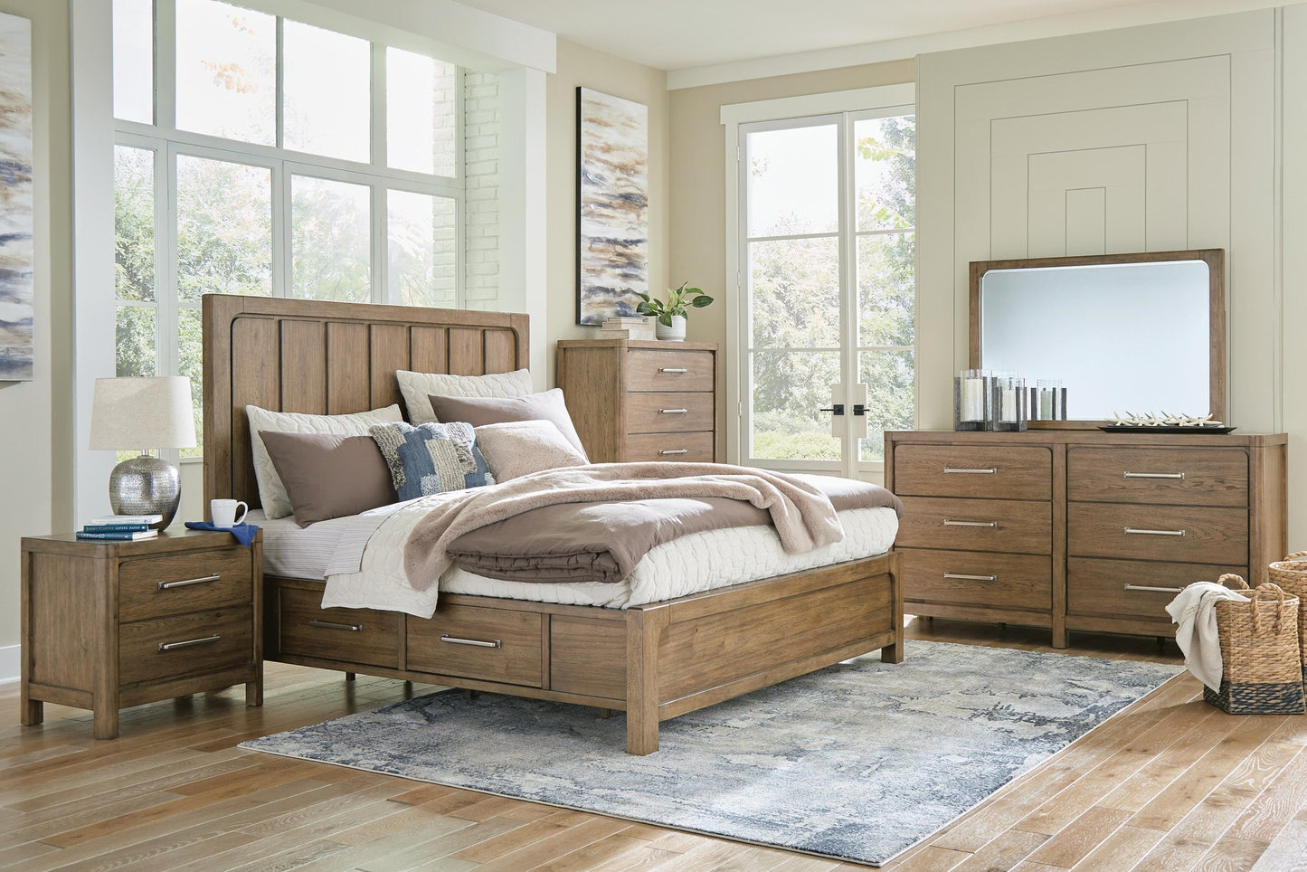 Cabalynn California  Panel Bed With Storage With Mirrored Dresser, Chest And Nightstand
