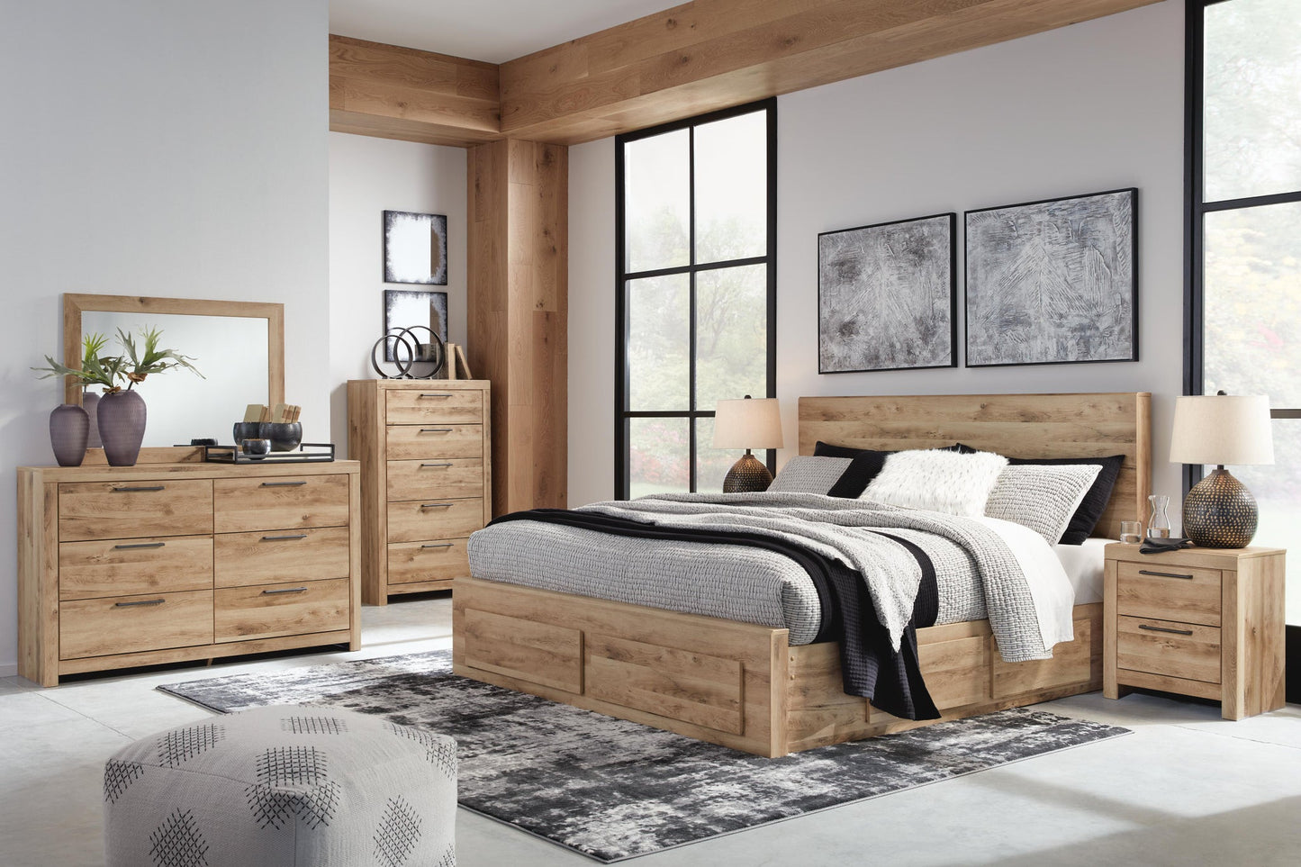 Hyanna  Panel Storage Bed With 2 Under Bed Storage Drawers, Dresser, Mirror And Nightstand