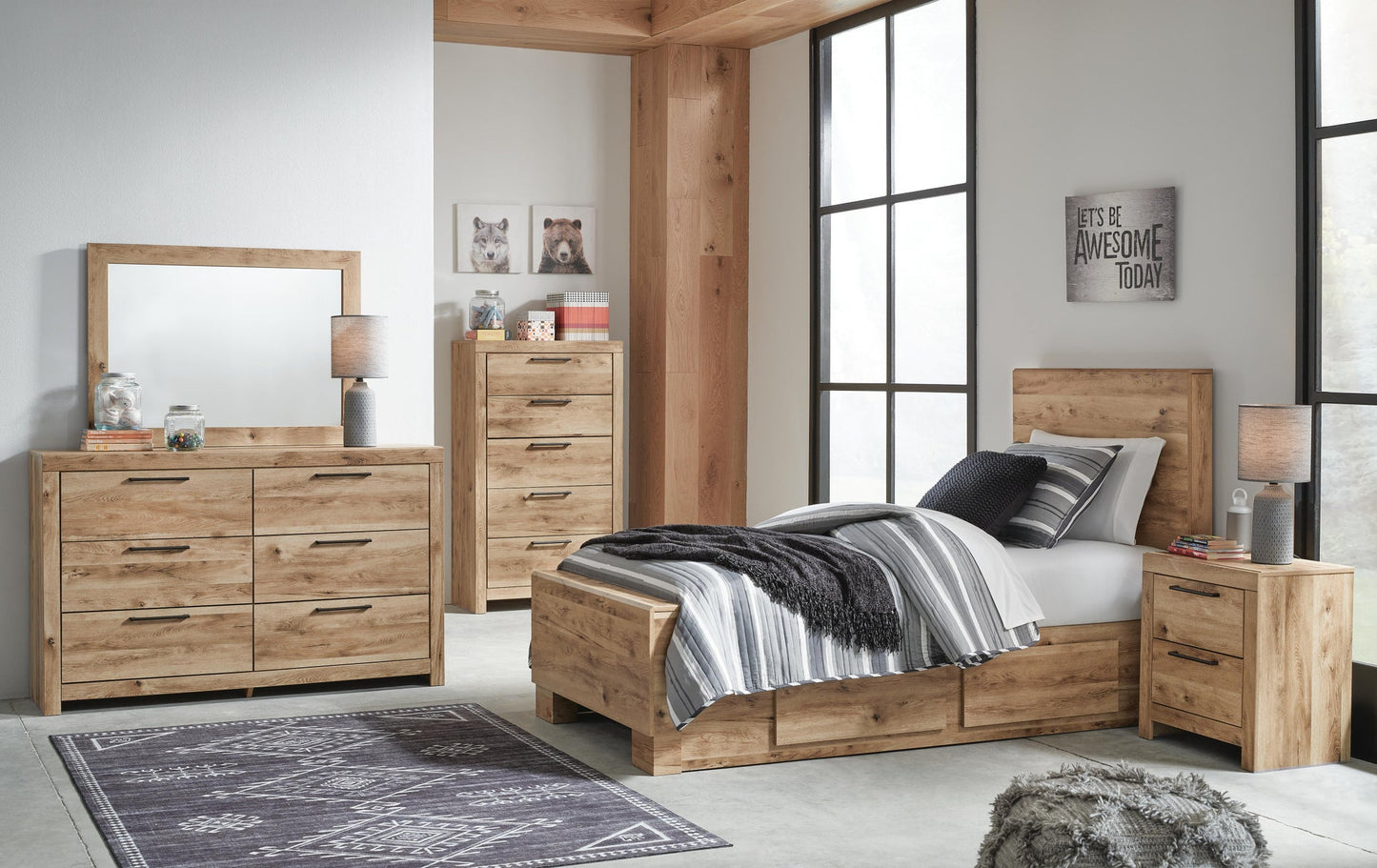 Hyanna  Panel Bed With 2 Side Storage, Dresser, Mirror, Chest And Nightstand