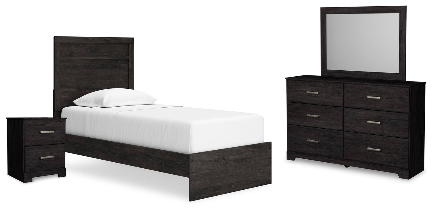 Cama de panel Belachime con cómoda de espejo y mesita de noche