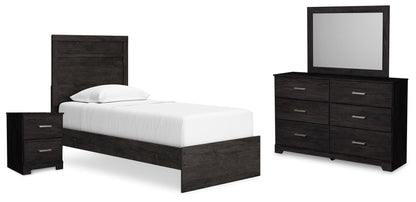 Cama de panel Belachime con cómoda de espejo y mesita de noche