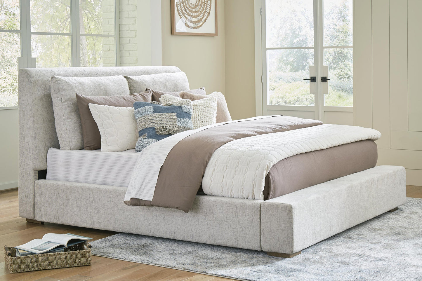 Cabalynn California  Upholstered Bed With Mirrored Dresser, Chest And Nightstand
