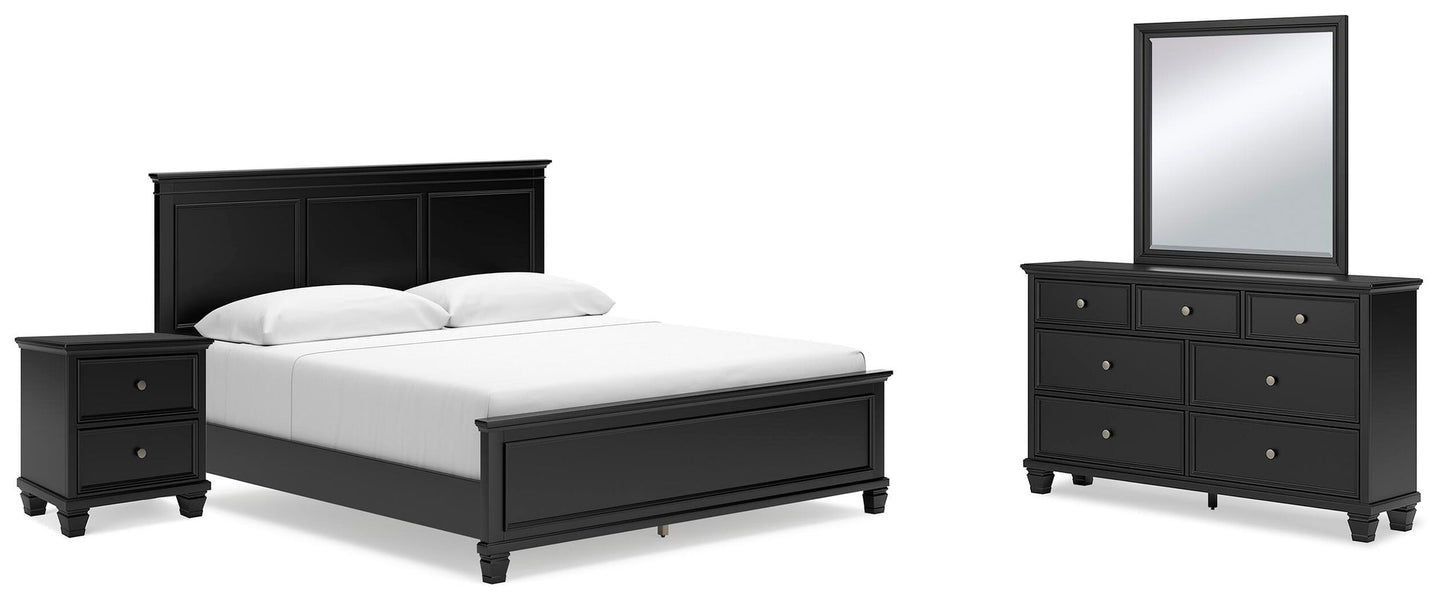 Cama con paneles Lanolee con tocador con espejo y mesita de noche