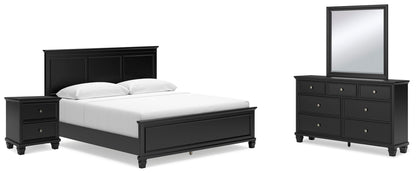 Cama con paneles Lanolee con tocador con espejo y mesita de noche